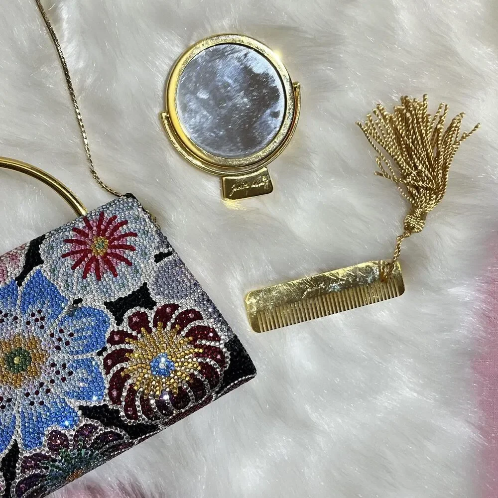 Vintage Judith Leiber Bag Womens Floral Crystal Minaudiere Italy Evening